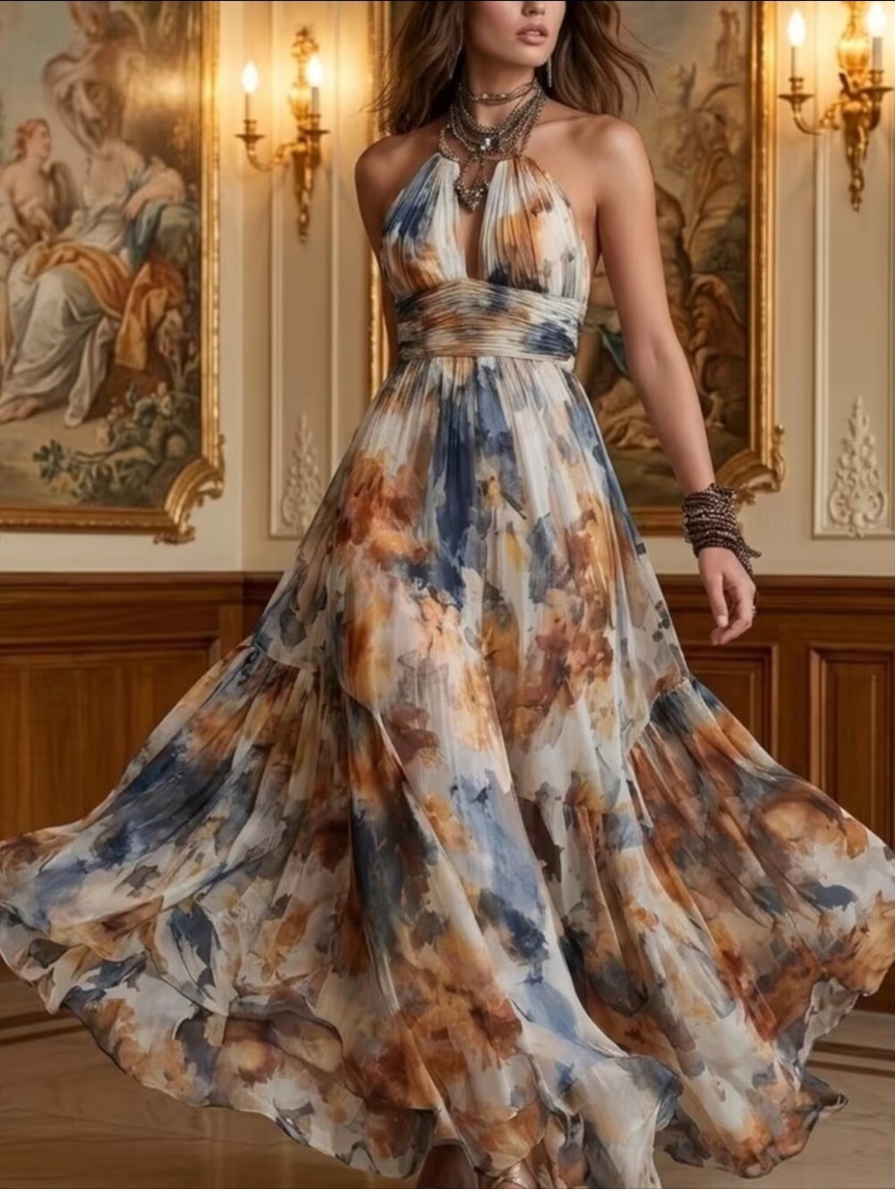Georgeous!!! Floral Halter Maxi Dress in Blue & Brown Hues.